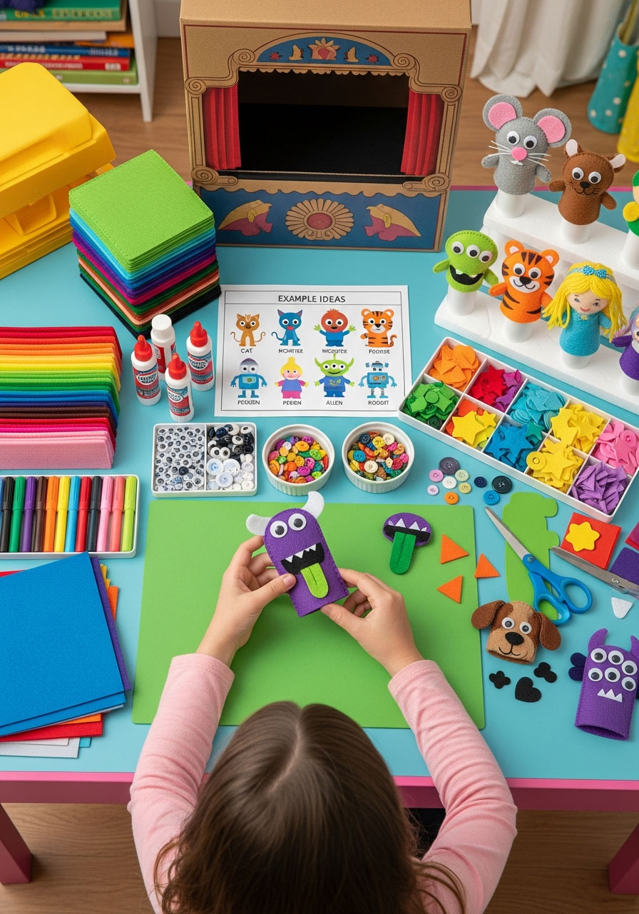 Child making felt monster finger puppet at birthday party craft station with organized supplies and completed puppet examples