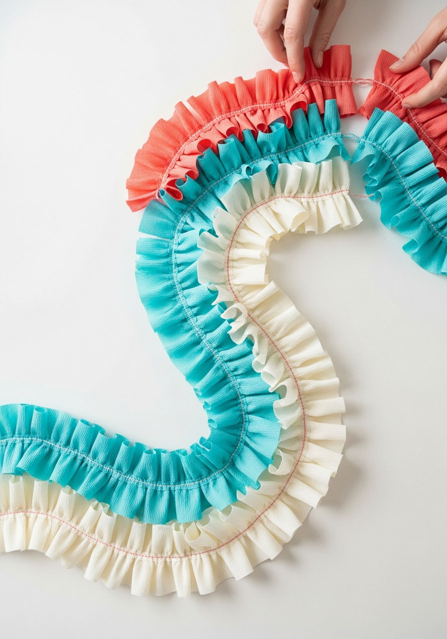 Close-up overhead view of finished DIY ruffled streamers in three colors showing dimensional texture and center stitching