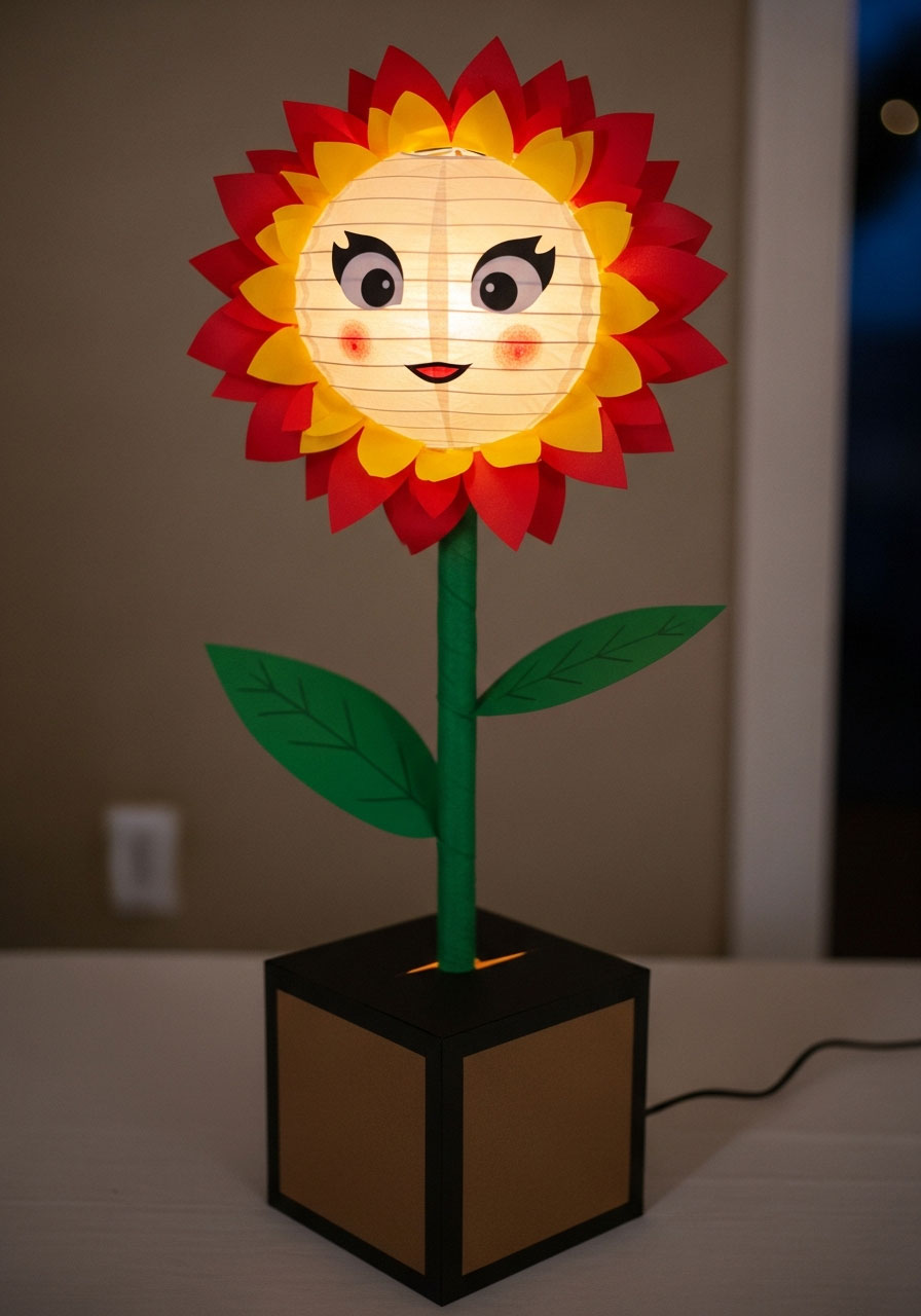 DIY glowing Super Mario fire flower decoration made with paper lantern and cardstock for party lighting