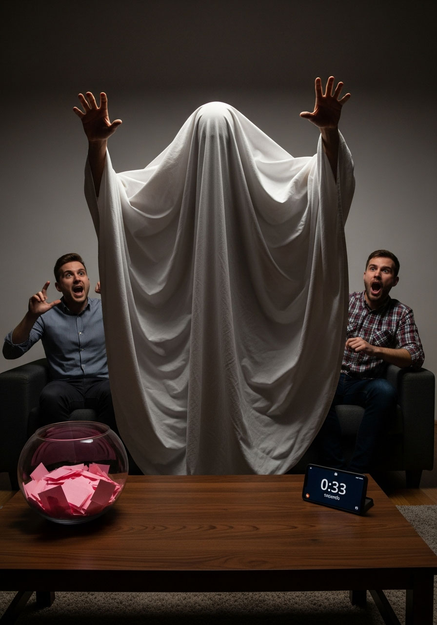 Player acting under bedsheet during spooky bonus round of fishbowl game while team guesses