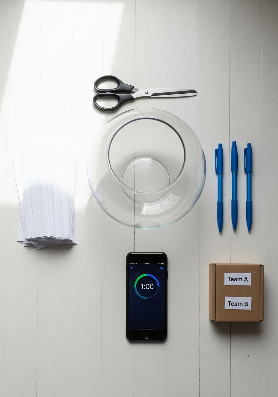 Flat lay of fishbowl game supplies including glass bowl, paper strips, pens, scissors, and timer on white table
