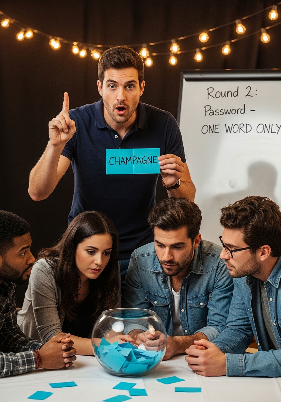 Player giving one-word clue during Password round of fishbowl game with teammates guessing