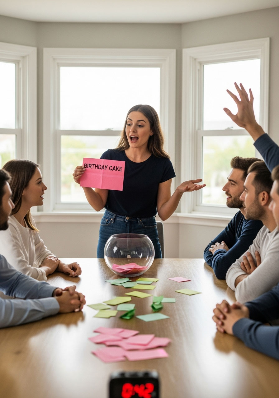 Woman describing word during Taboo round of fishbowl game while teammates guess at birthday party