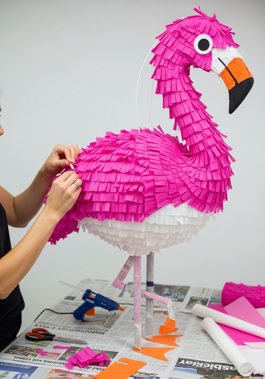 Creating DIY flamingo piñata with tissue paper fringe covering papier-mâché base - summer birthday party decoration tutorial