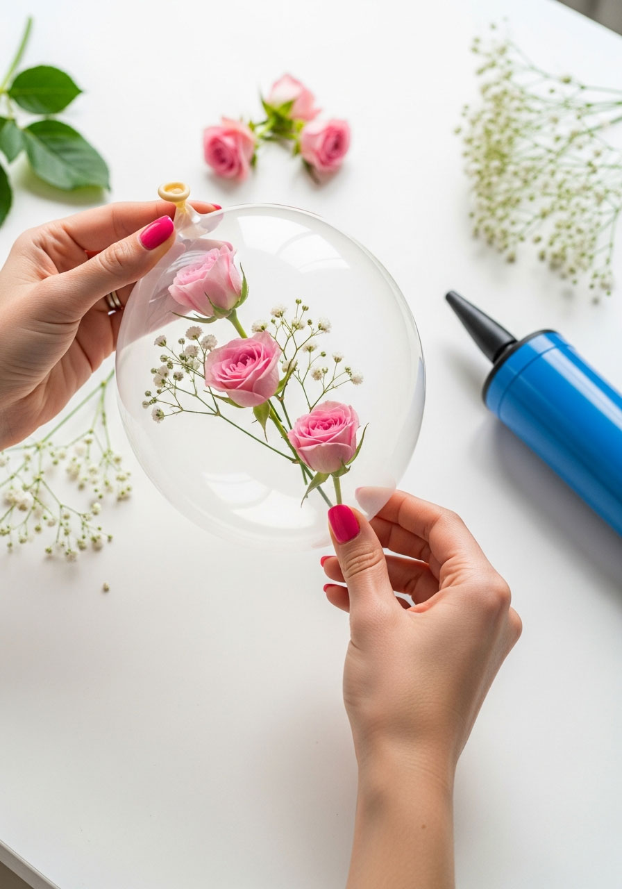 Creating DIY floral balloon by inserting fresh flowers before inflating - elegant birthday party decoration tutorial