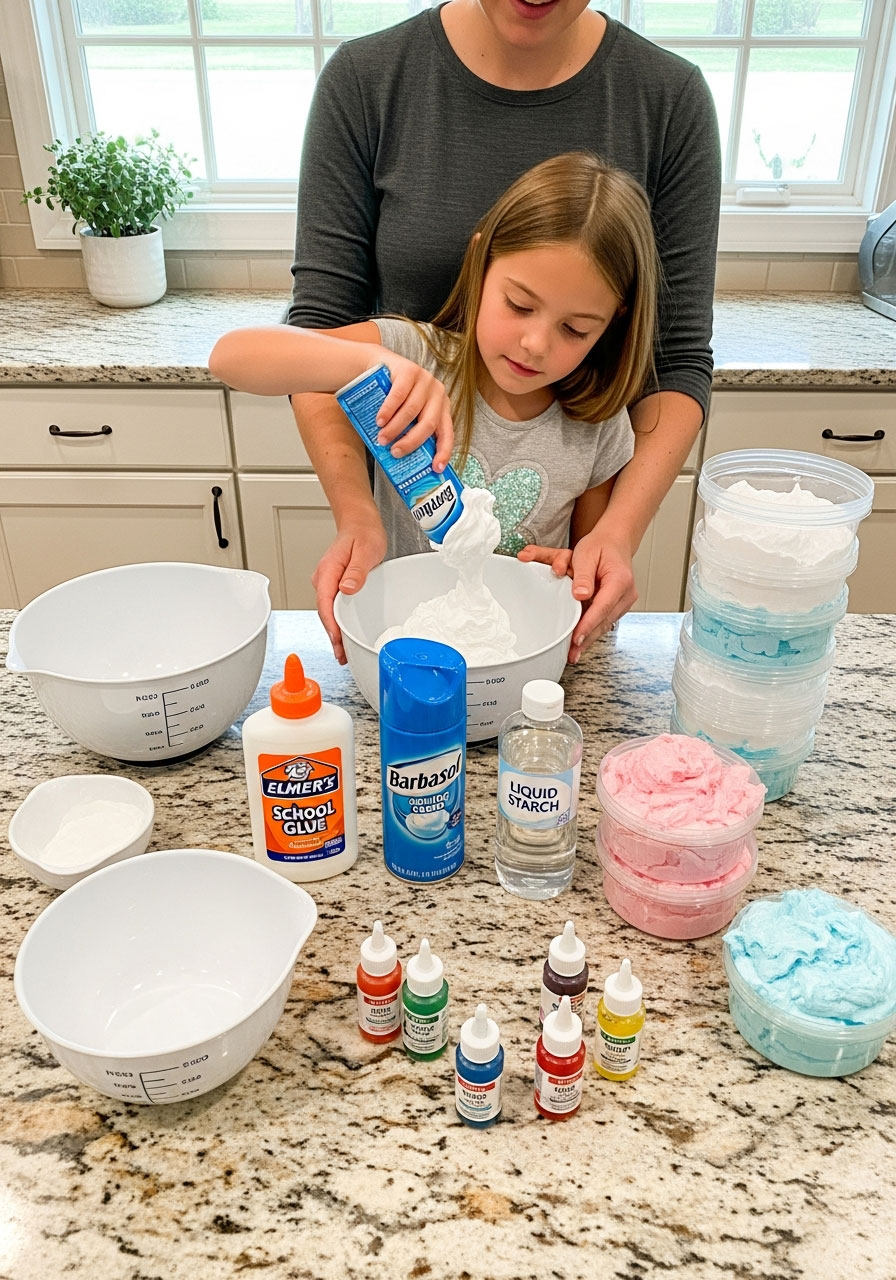 Child making fluffy slime party favor at organized crafting station with shaving cream, glue, and food coloring