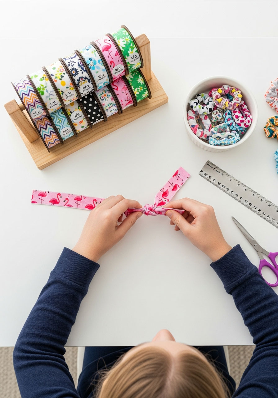 Tween making easy DIY fold-over elastic hair ties at birthday party with colorful patterned elastic