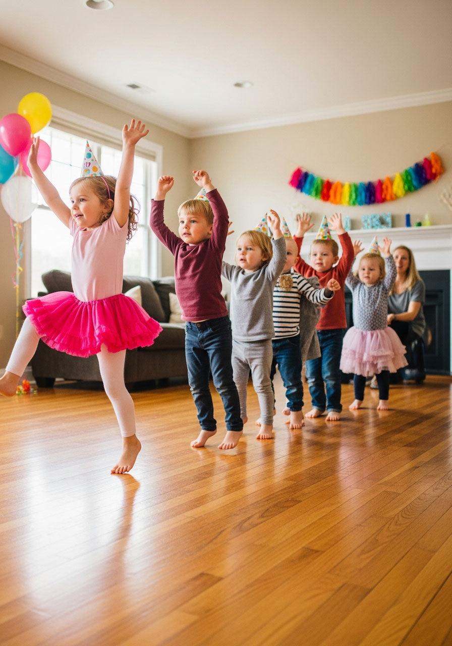 Line of toddlers jumping and mimicking leader during follow the leader birthday party game