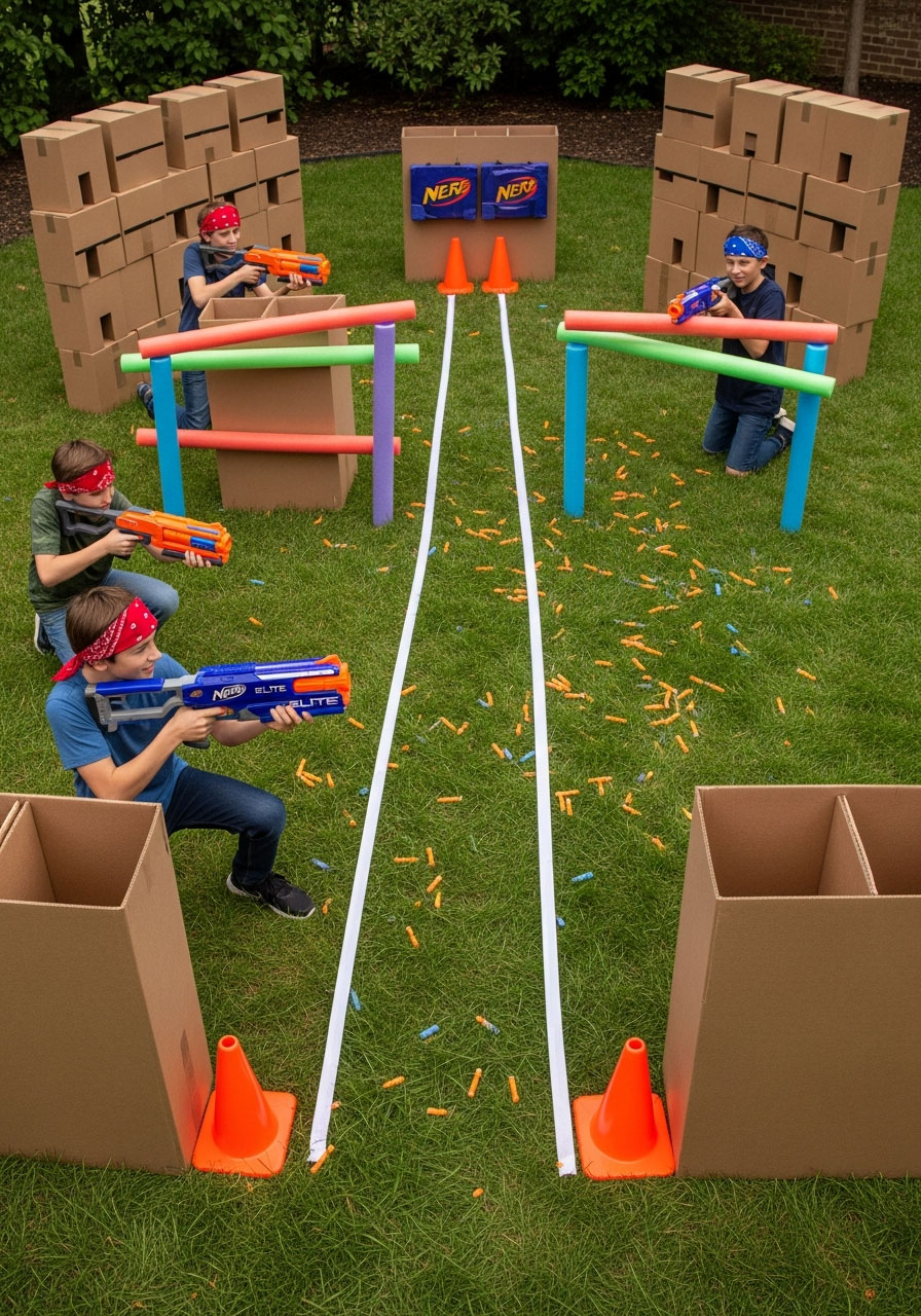 Tweens playing Fortnite-inspired Nerf gun battle in backyard with cardboard barriers and team bandanas at birthday party