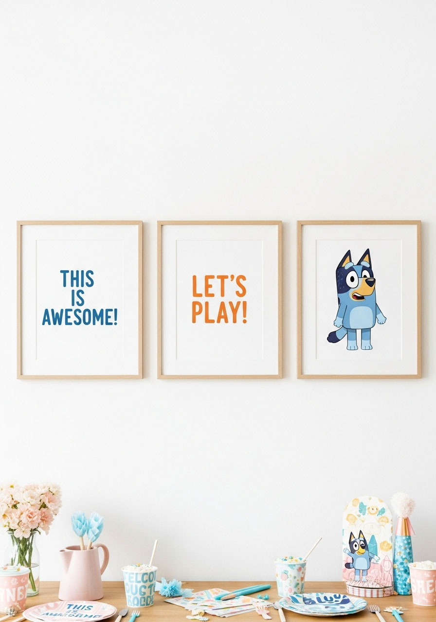 Three framed Bluey quote signs reading "This is awesome" and "Let's play" for party wall decoration