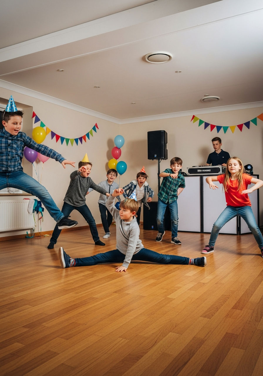 Children frozen in creative dance poses during Freeze Dance game at indoor birthday party with DJ at speaker