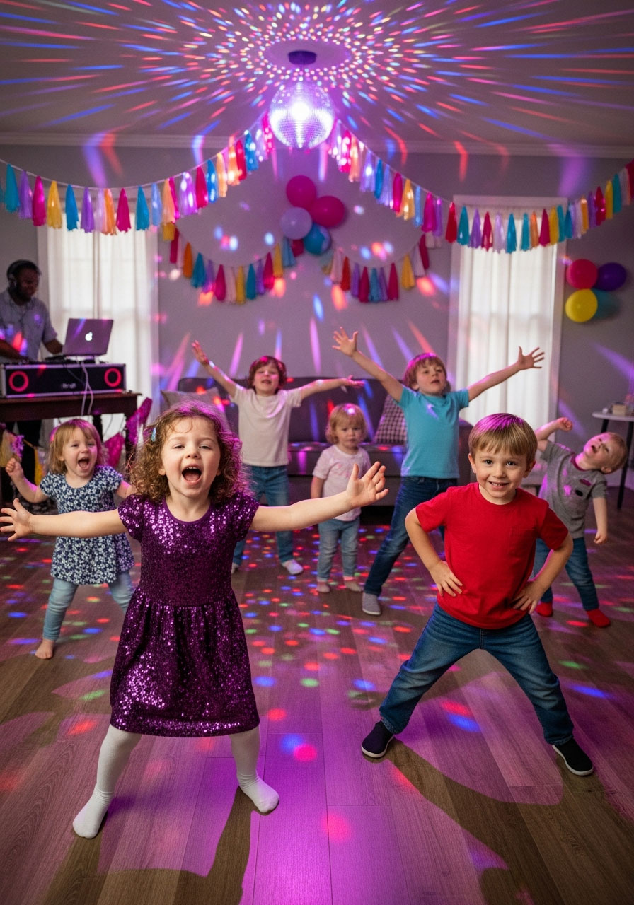 Toddlers frozen in dance poses with disco lights during freeze dance birthday party game