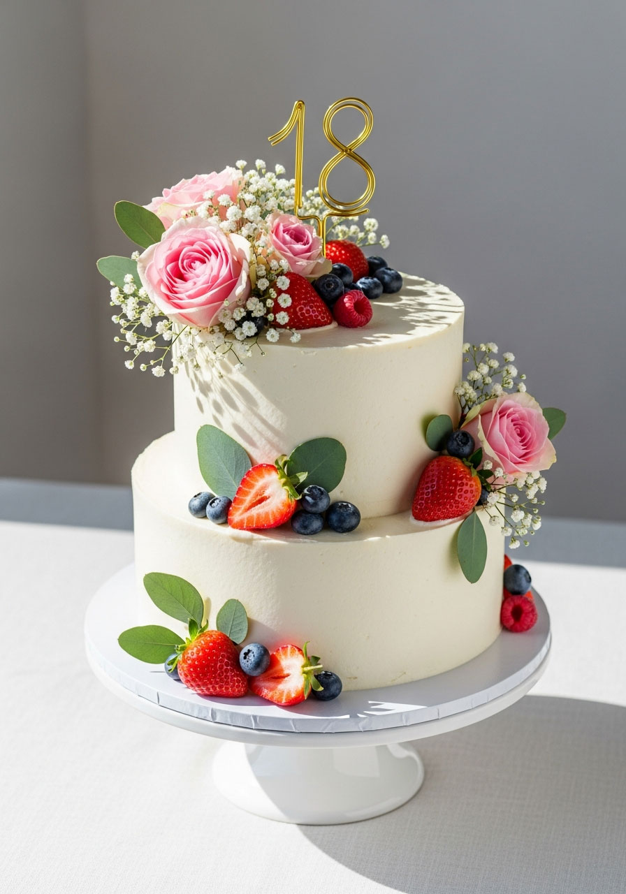White birthday cake decorated with fresh berries strawberries and edible flowers for 18th birthday