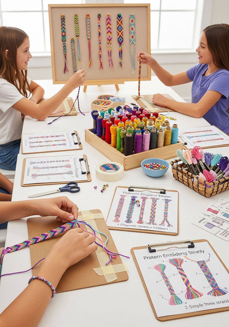 Girls making friendship bracelets with embroidery floss showing knotting technique and pattern examples at birthday party