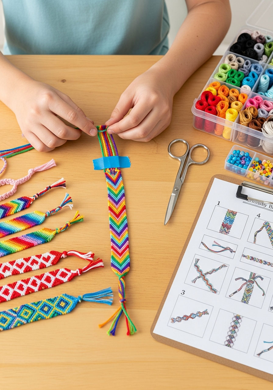Tween girl knotting colorful embroidery floss to create friendship bracelet party favor using pattern instructions