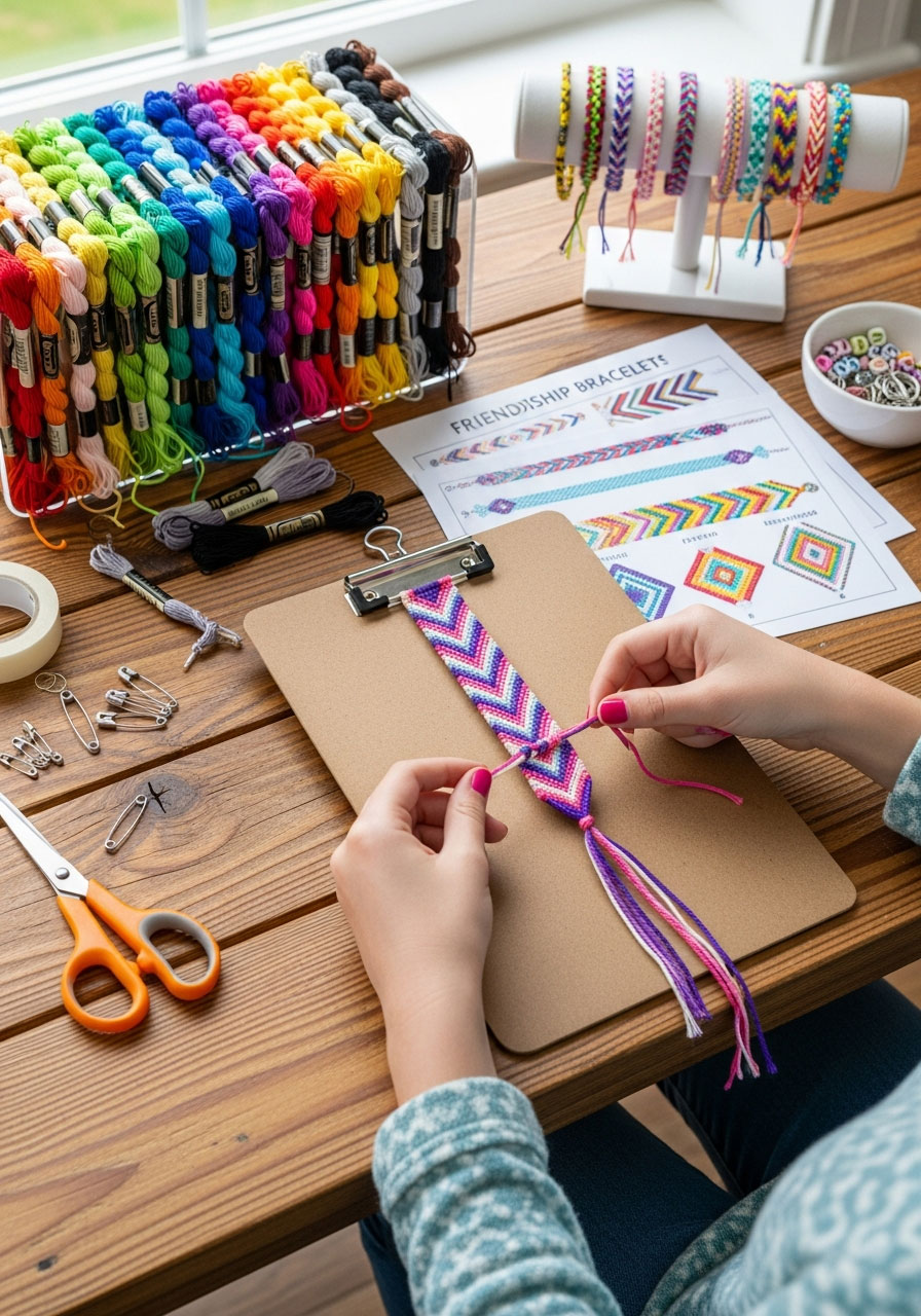 Close-up of hands weaving colorful embroidery floss into chevron pattern friendship bracelet with clipboard