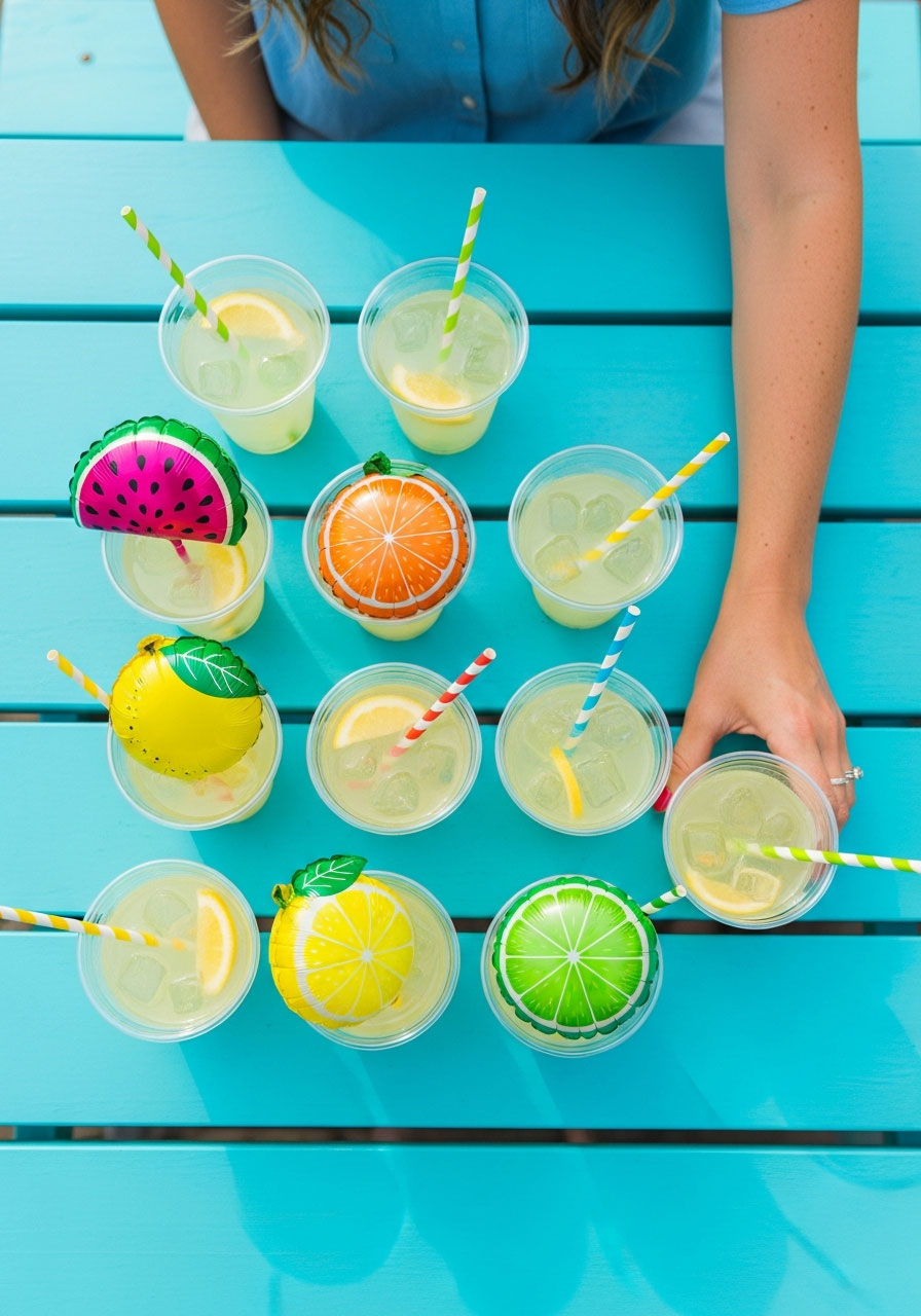 Colorful drinks with DIY fruit balloon straws in watermelon, orange, lemon and lime designs - fun birthday party beverage decoration