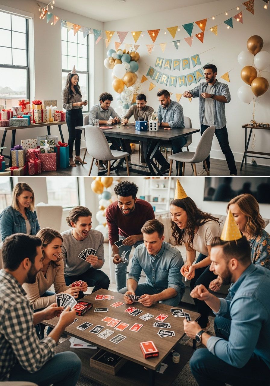Adults playing multiple fun birthday party games with friends including card games, charades and dice games in decorated living room