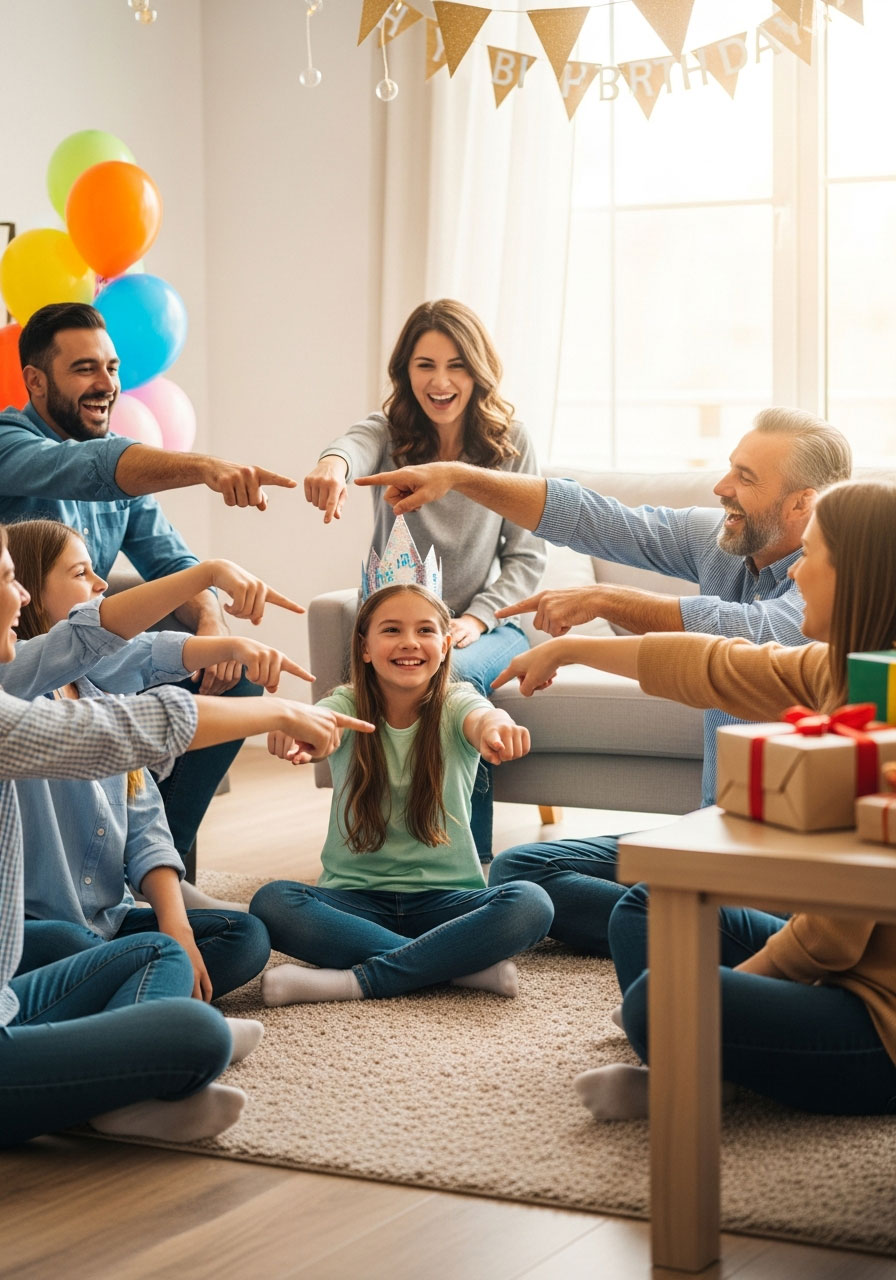 Family playing Who's Most Likely To birthday game sitting in circle pointing at each other while laughing at indoor birthday party