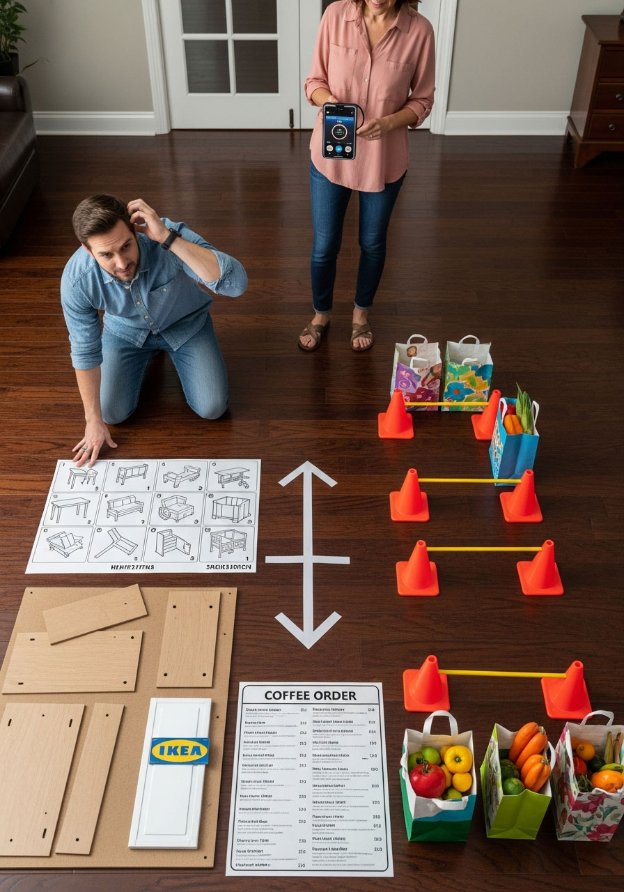 Man attempting adult life challenges including furniture assembly at hilarious 30th birthday party game