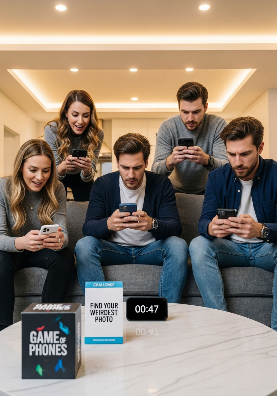 Friends competing in Game of Phones challenge using smartphones to find funny content at birthday party