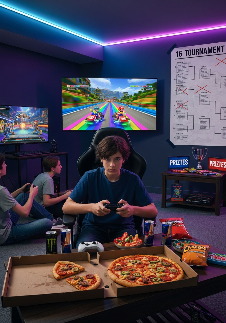 Teen gaming tournament birthday party with video games, controllers, tournament bracket and competitive gameplay at home