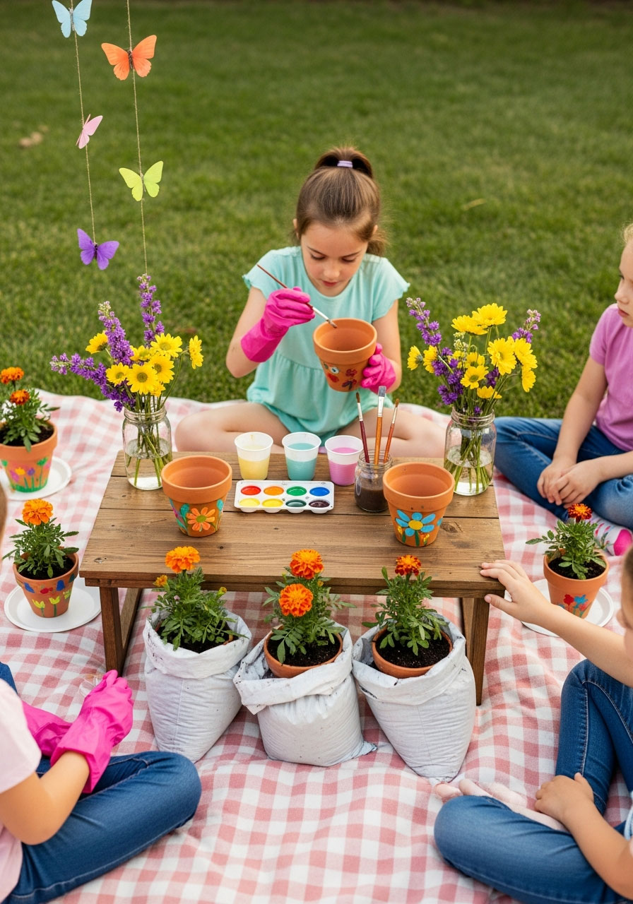 Kids at outdoor garden party birthday planting flowers and decorating terra cotta pots at backyard crafting station