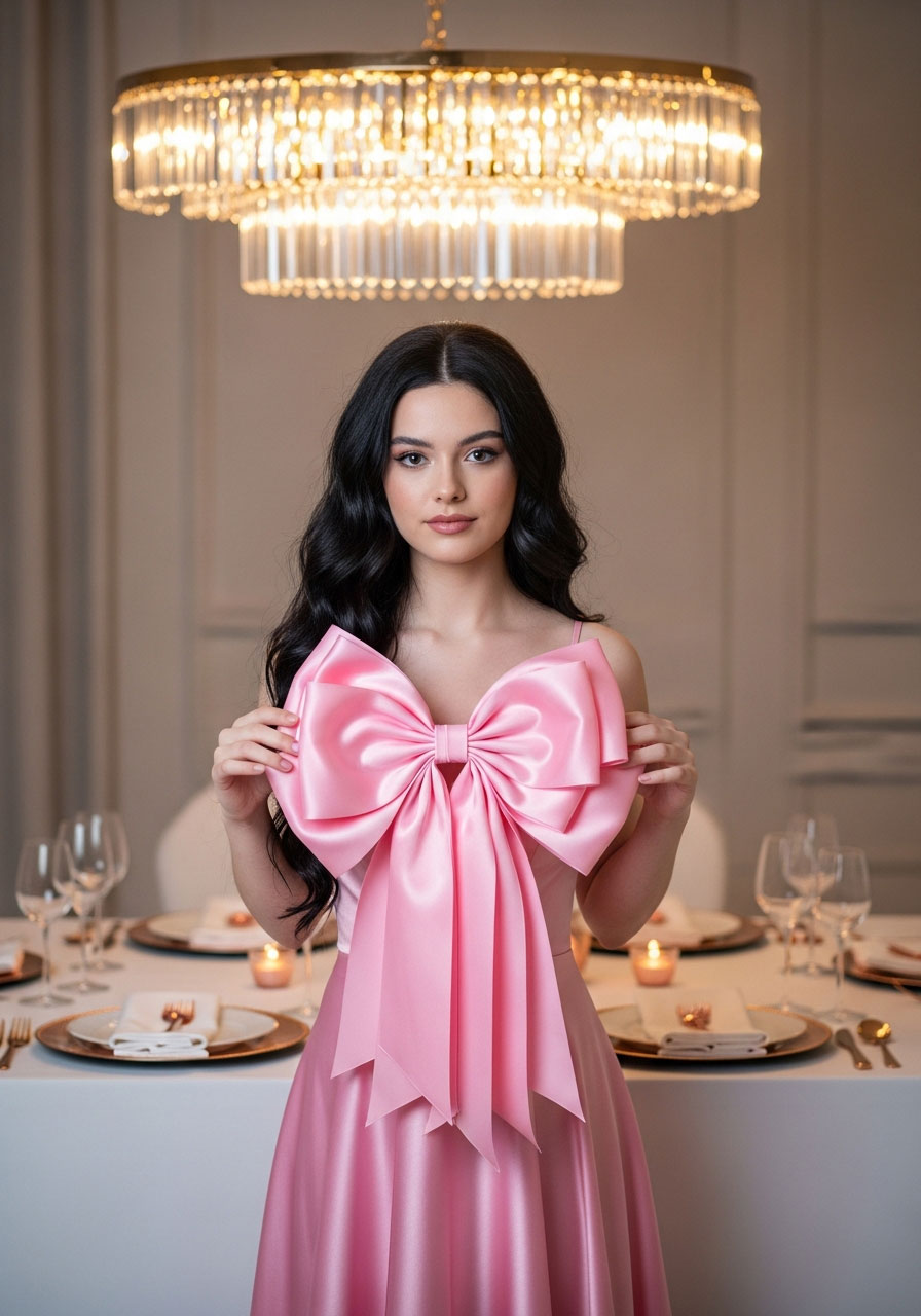 Girl holding oversized pink satin bow as statement prop for classy 18th birthday dinner party