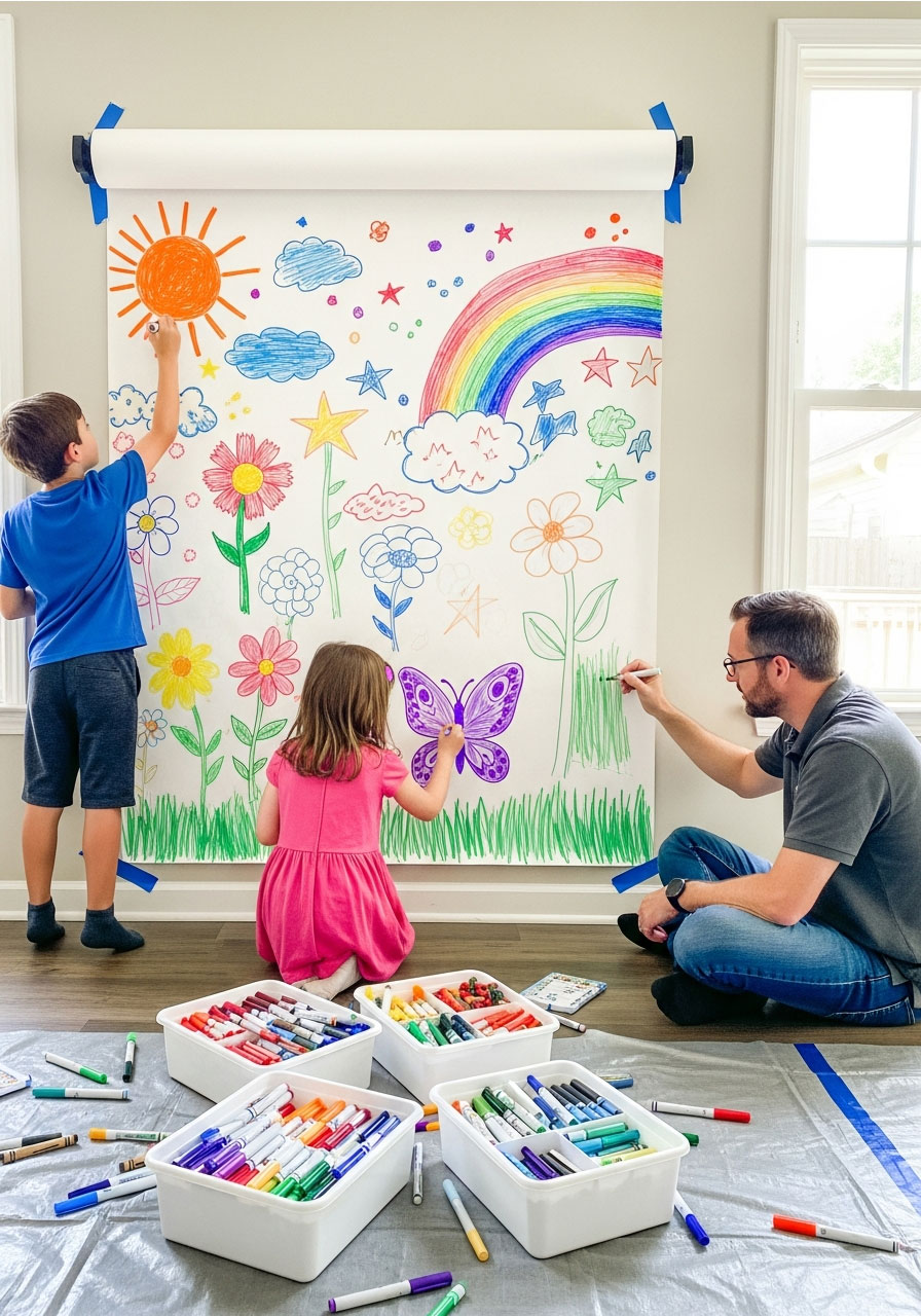 Kids and parents coloring together on giant wall-mounted butcher paper at DIY art birthday party coloring station