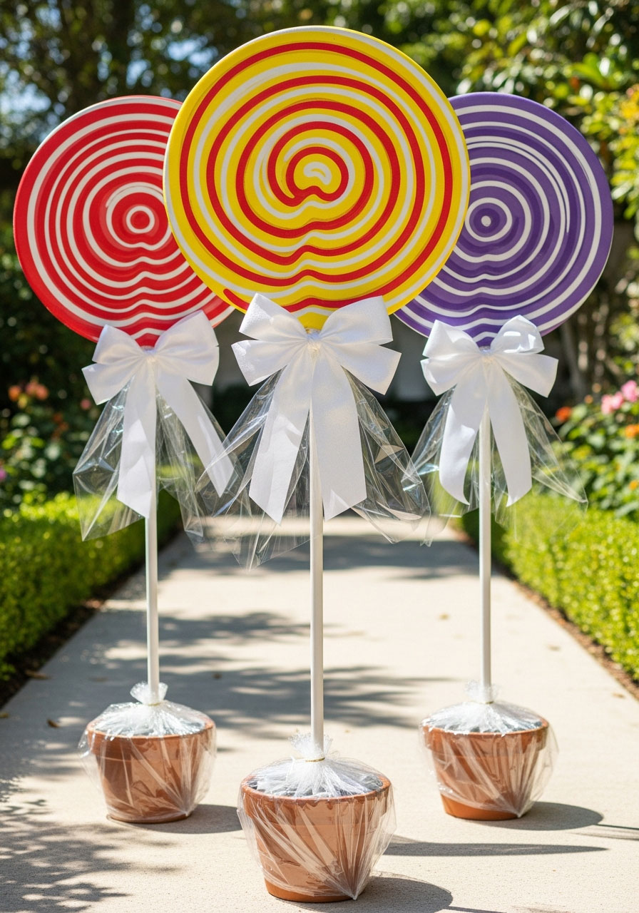 Giant DIY lollipop decorations in bright colors standing in pathway - whimsical candy-themed birthday party yard decoration