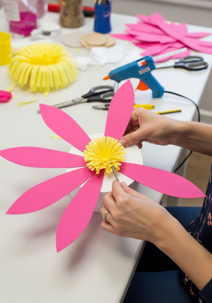 Creating giant paper flower showing petal attachment process - DIY birthday party decoration tutorial for large blooms