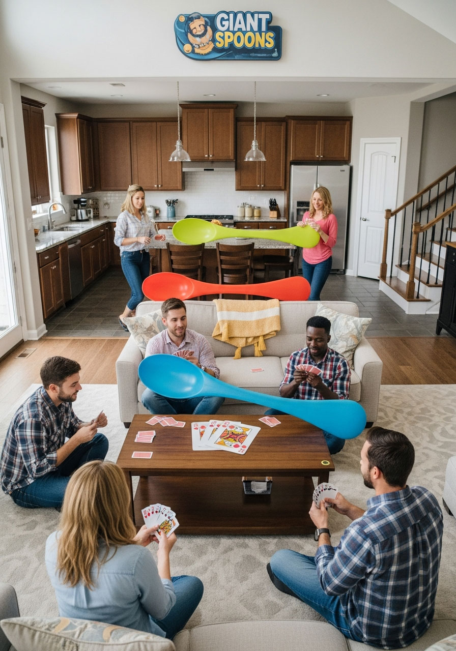 Friends playing Giant Spoons card game at birthday party with oversized spoons hidden throughout house rooms