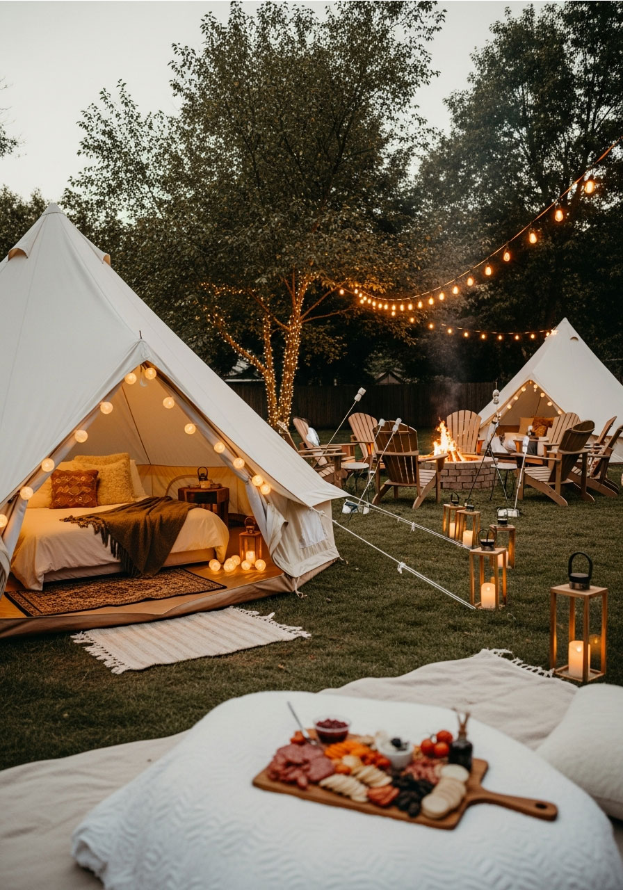 Glamping birthday party in backyard featuring decorated bell tents with cozy interiors, fire pit, string lights, and charcuterie spread at golden hour