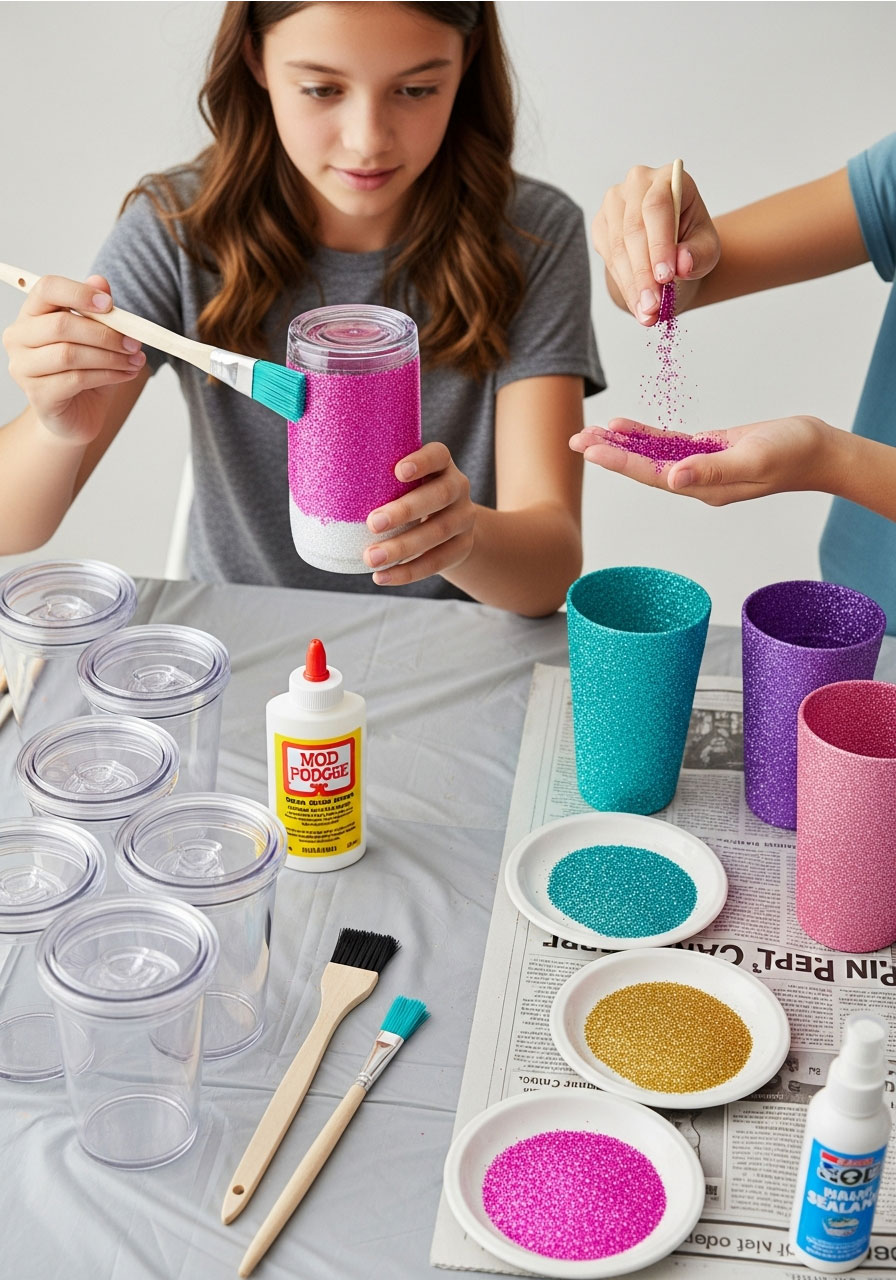 Tweens decorating glitter-dipped tumblers with colorful sparkles at birthday party craft activity