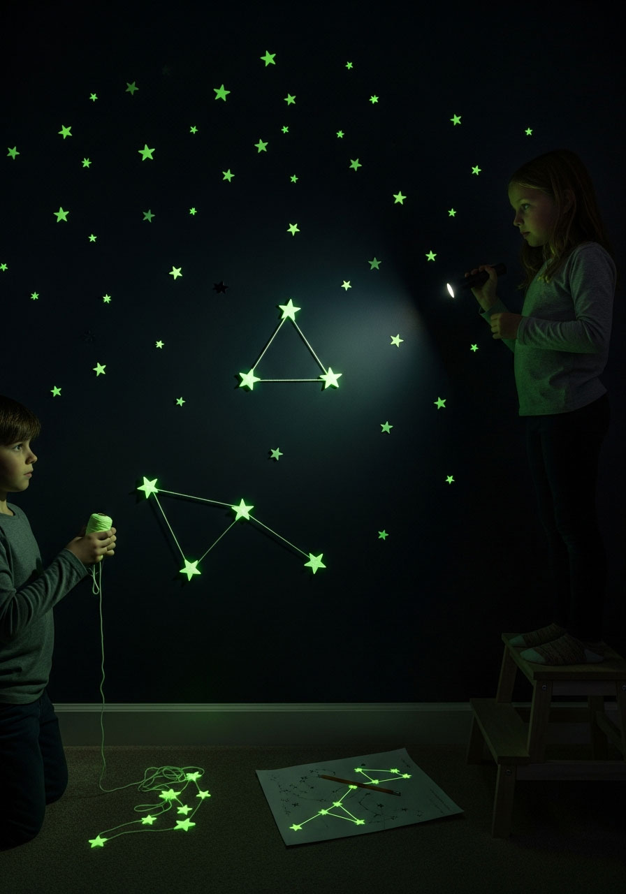Kids creating custom constellations with glow-in-the-dark stars and yarn on bedroom wall at nighttime birthday party