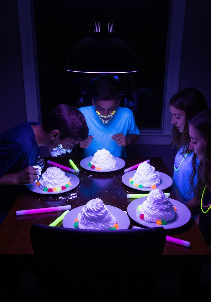 Teen playing glow-in-the-dark gummy bear hunt game with face in whipped cream under blacklight at birthday party