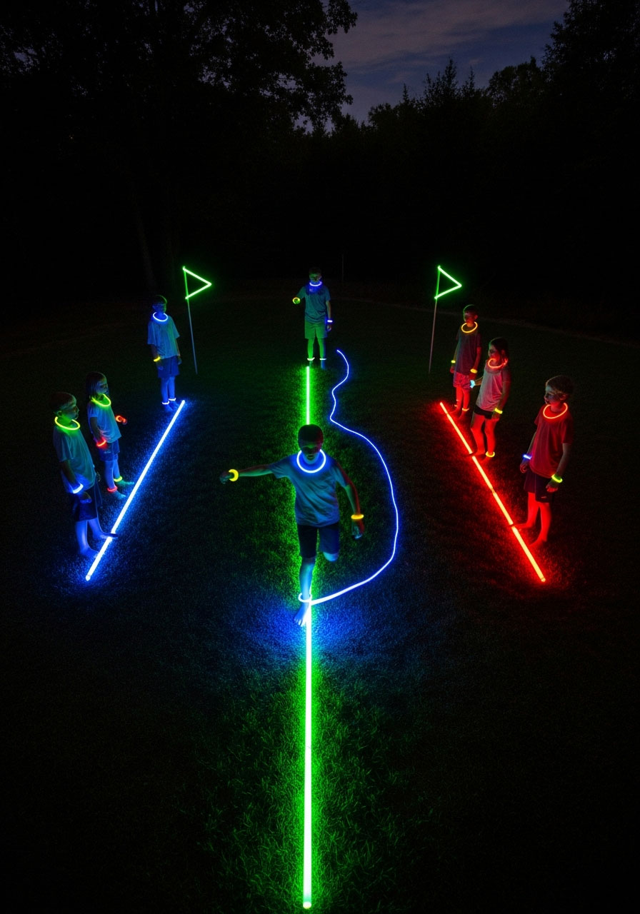 Tweens playing glow-in-the-dark capture the flag at night with glow stick bracelets and boundary markers at birthday party
