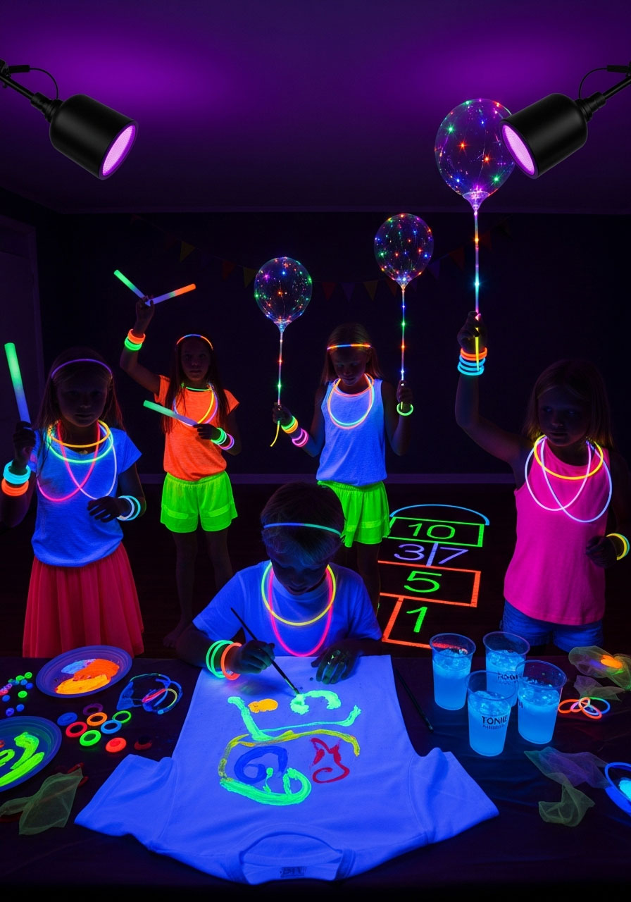 Kids enjoying glow-in-the-dark party with black lights, neon decorations, and glow sticks at indoor birthday