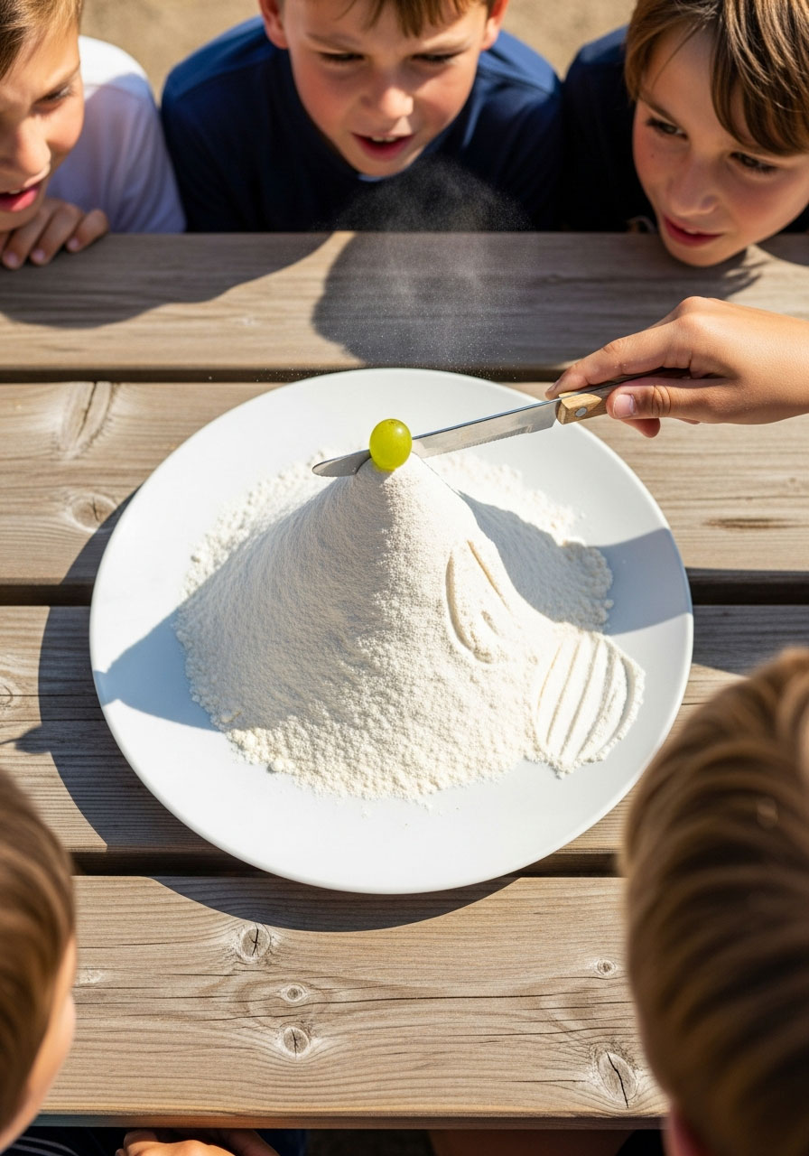 Overhead view of Grape in Flour Mountain game showing white flour pile with grape on top and child's hand holding knife at birthday party