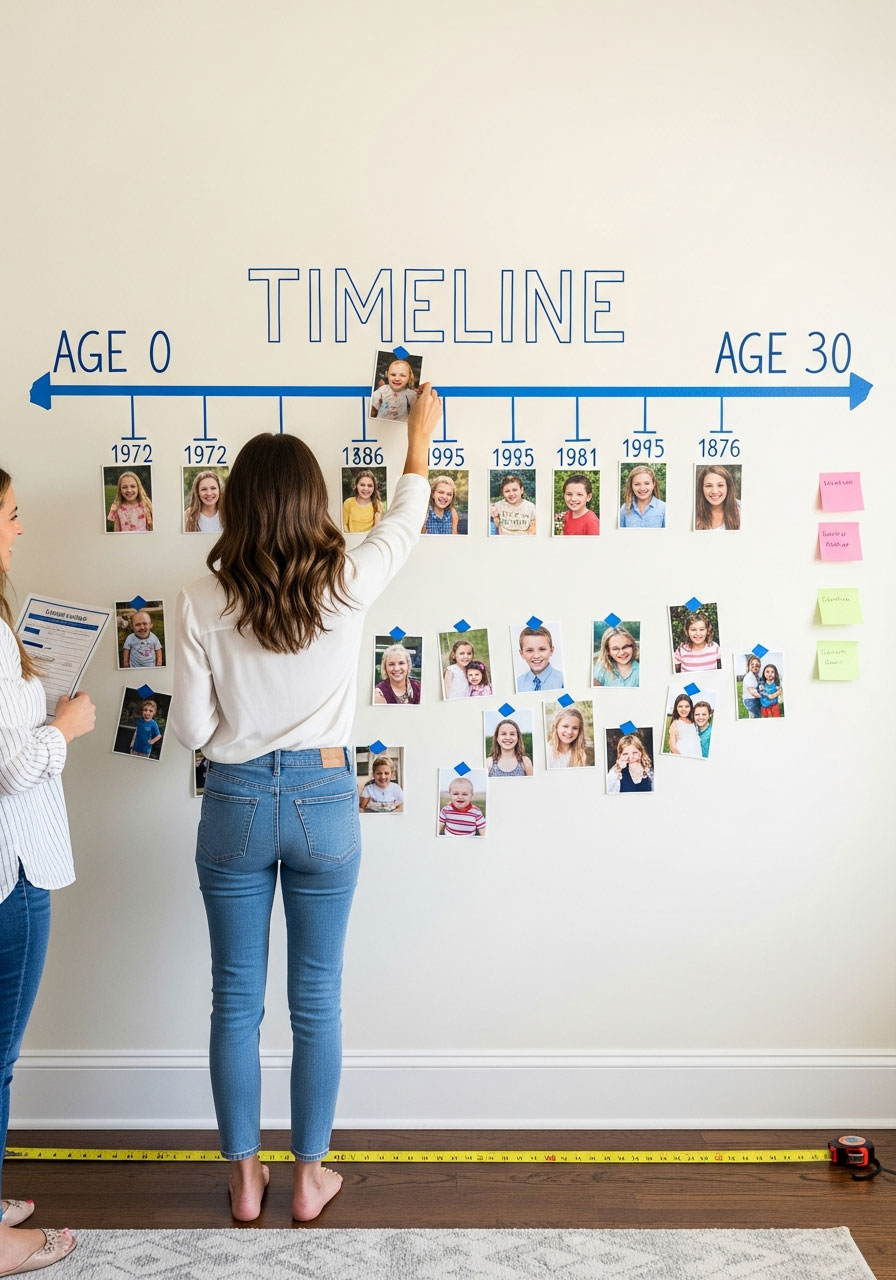 Wall timeline with vintage photos for guessing game at 30th birthday party celebration
