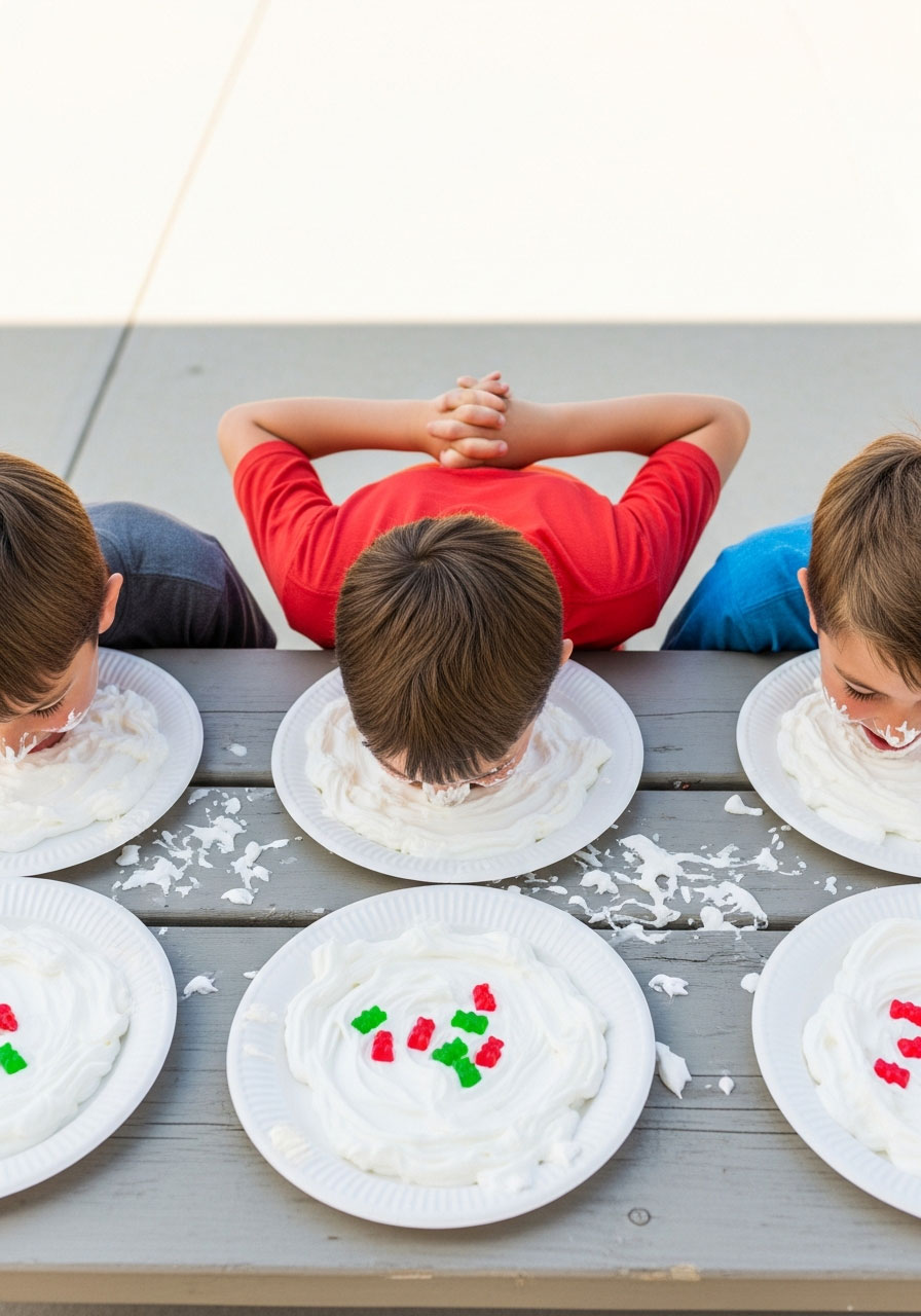 Kids playing messy gummy bear hunt game with faces in whipped cream plates at outdoor birthday party