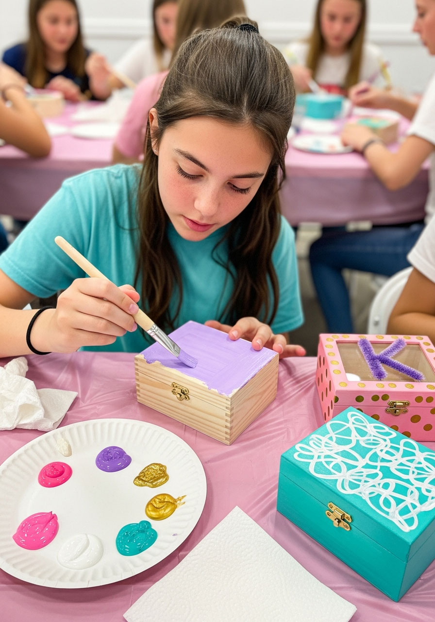 Teen girl hand-painting a wooden jewelry box with acrylic paints at a birthday party craft activity station