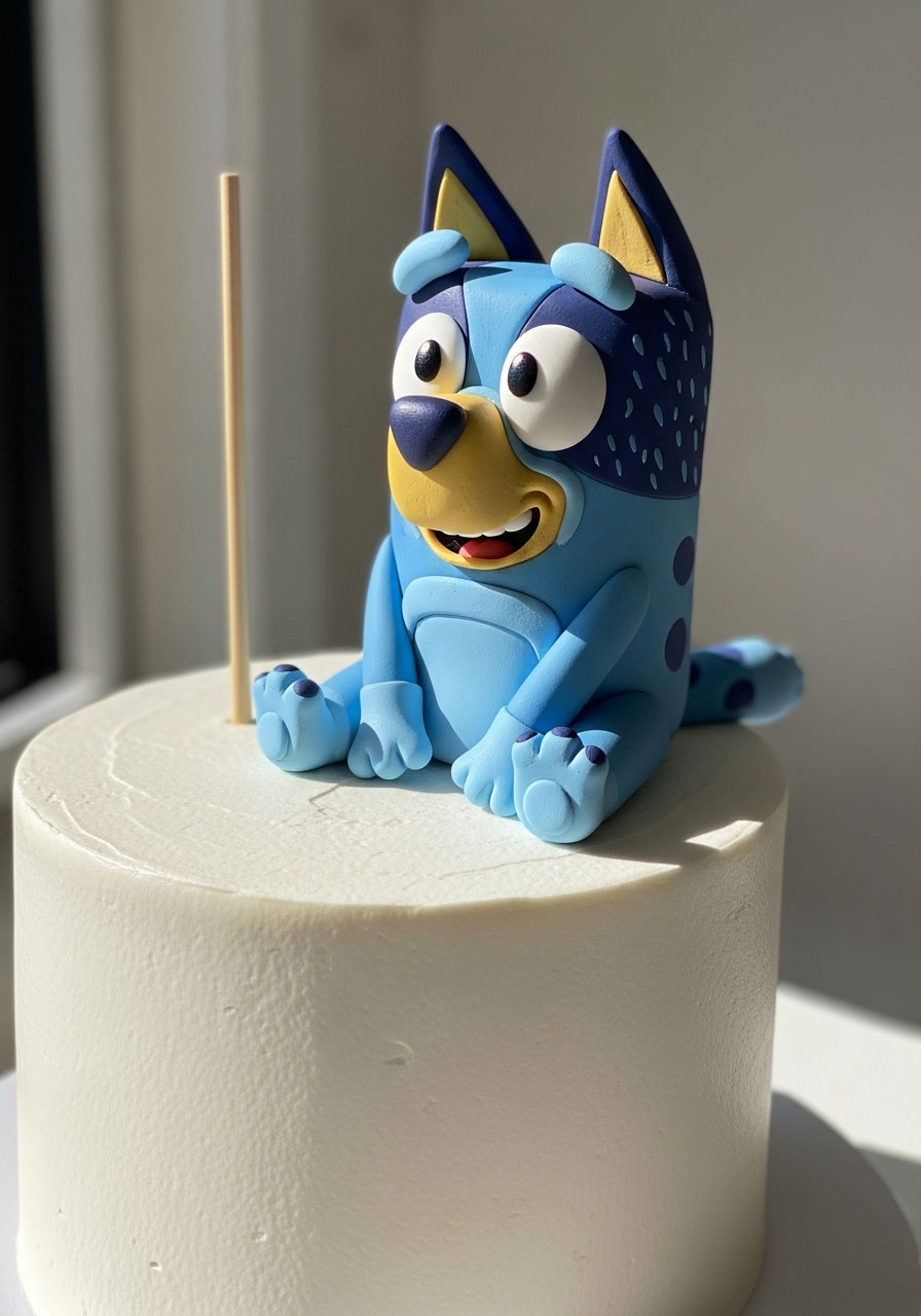 Handmade polymer clay Bluey character cake topper figurine sitting on white frosted birthday cake