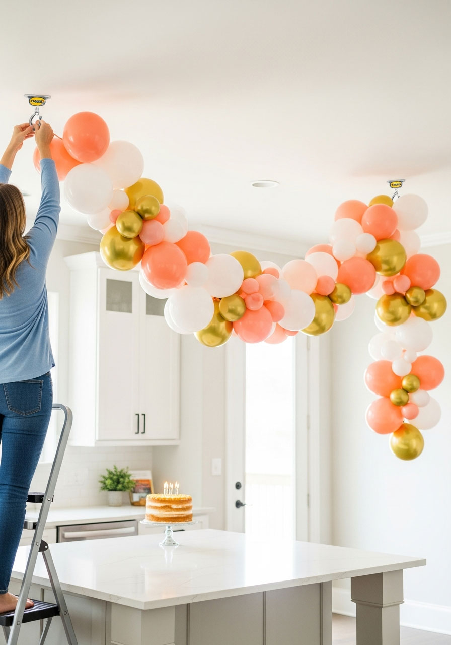 Woman on step stool hanging DIY balloon garland to ceiling using Command hooks above kitchen island