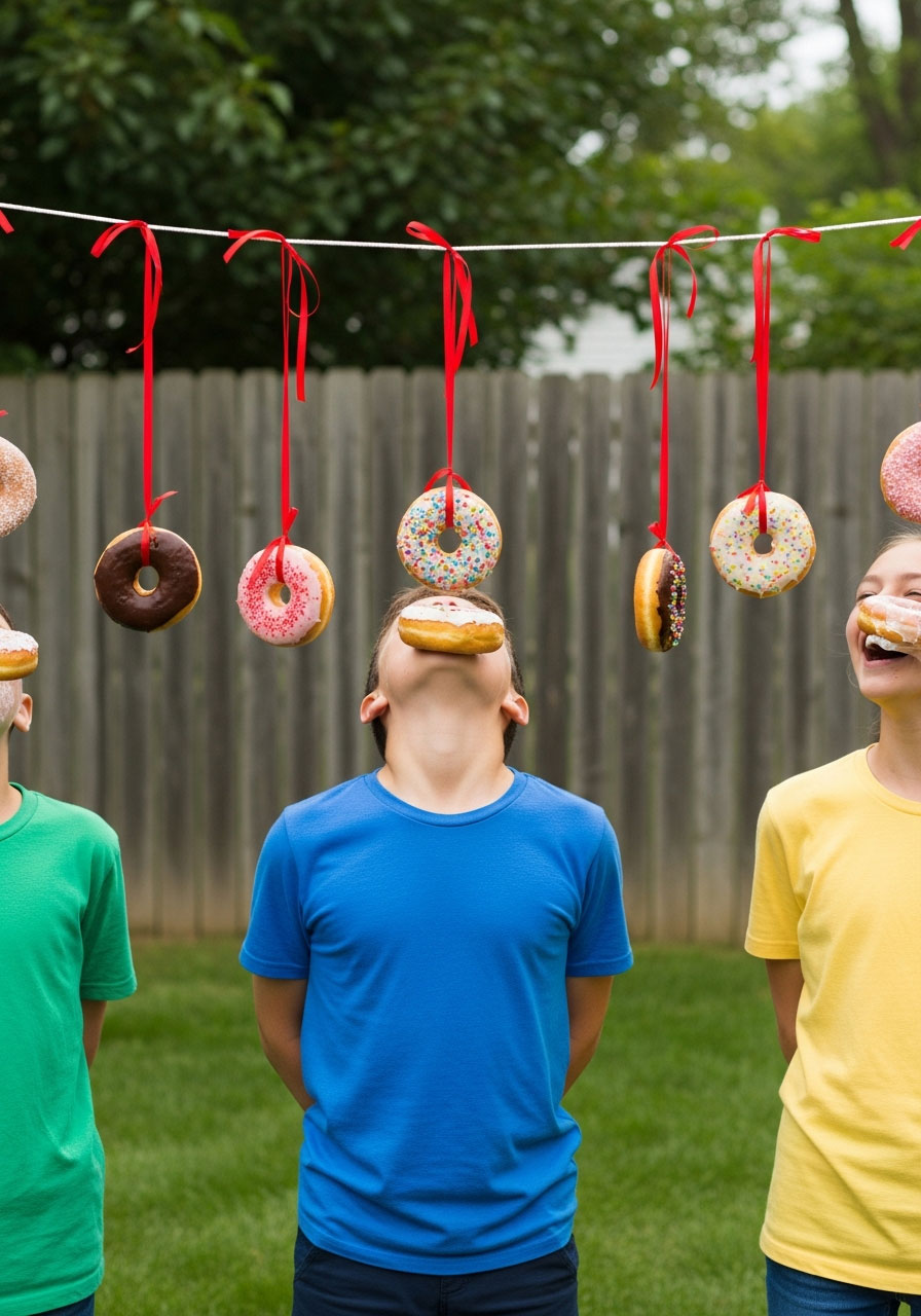 Kids playing hanging donuts challenge game with hands behind backs trying to eat donuts from string at outdoor birthday party