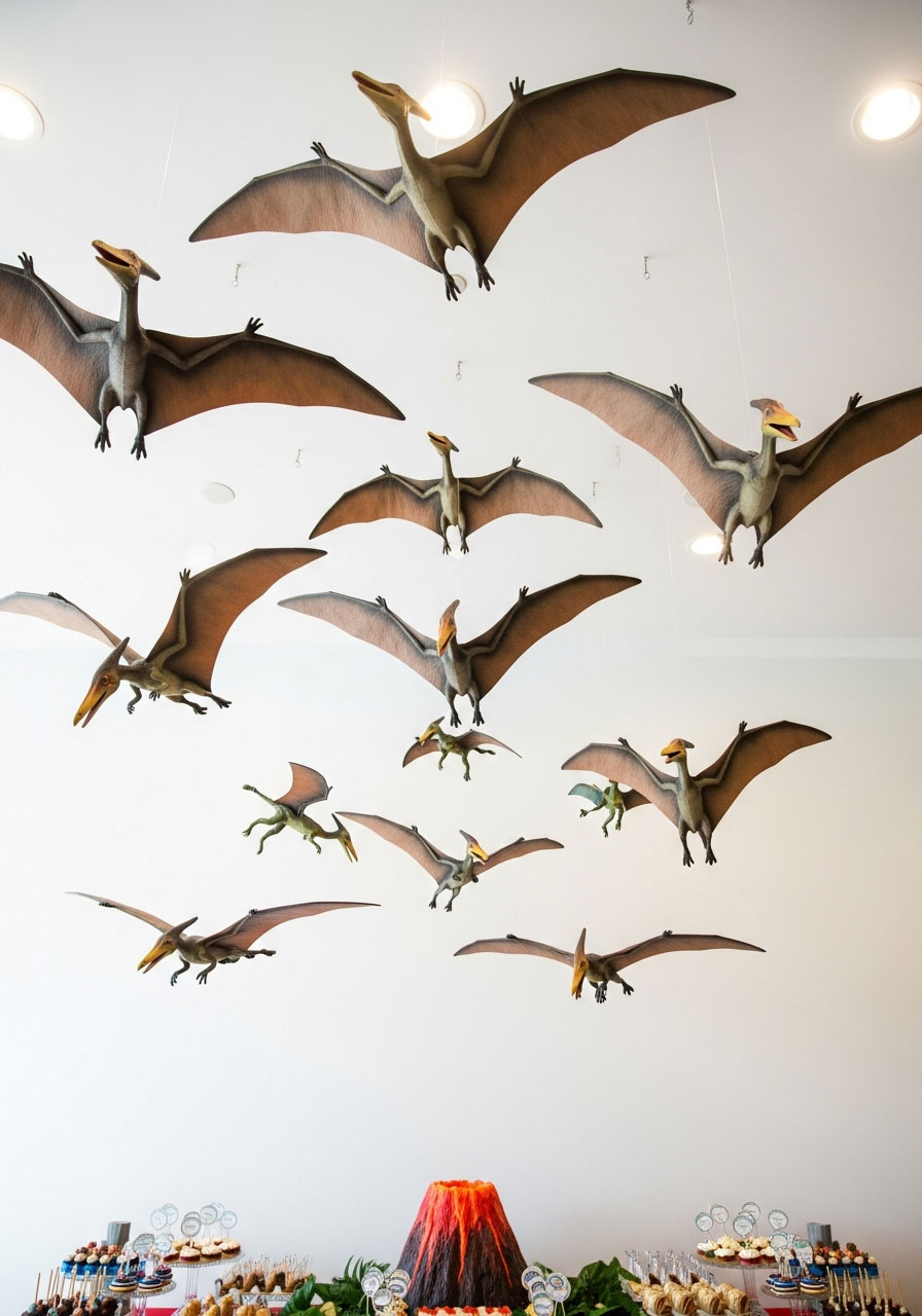 Hanging pterodactyl flock suspended from ceiling at various heights flying over party table