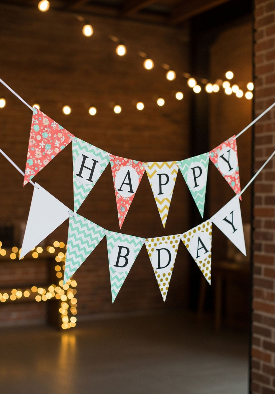 DIY birthday banner with patterned triangle pennants spelling Happy Birthday - easy customizable party decoration