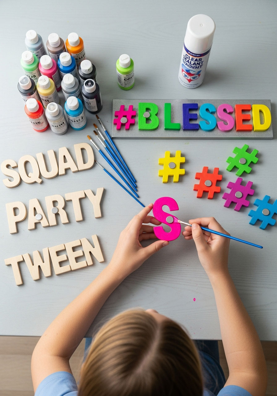 Tween painting wooden letters to create trendy hashtag magnets at birthday party craft activity