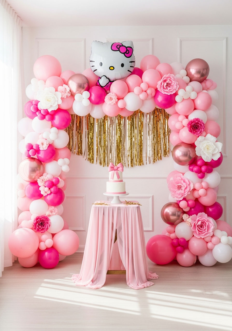 Pink and white Hello Kitty balloon arch backdrop with large foil Hello Kitty balloon centerpiece, rose gold accents, and paper flowers for birthday party decoration