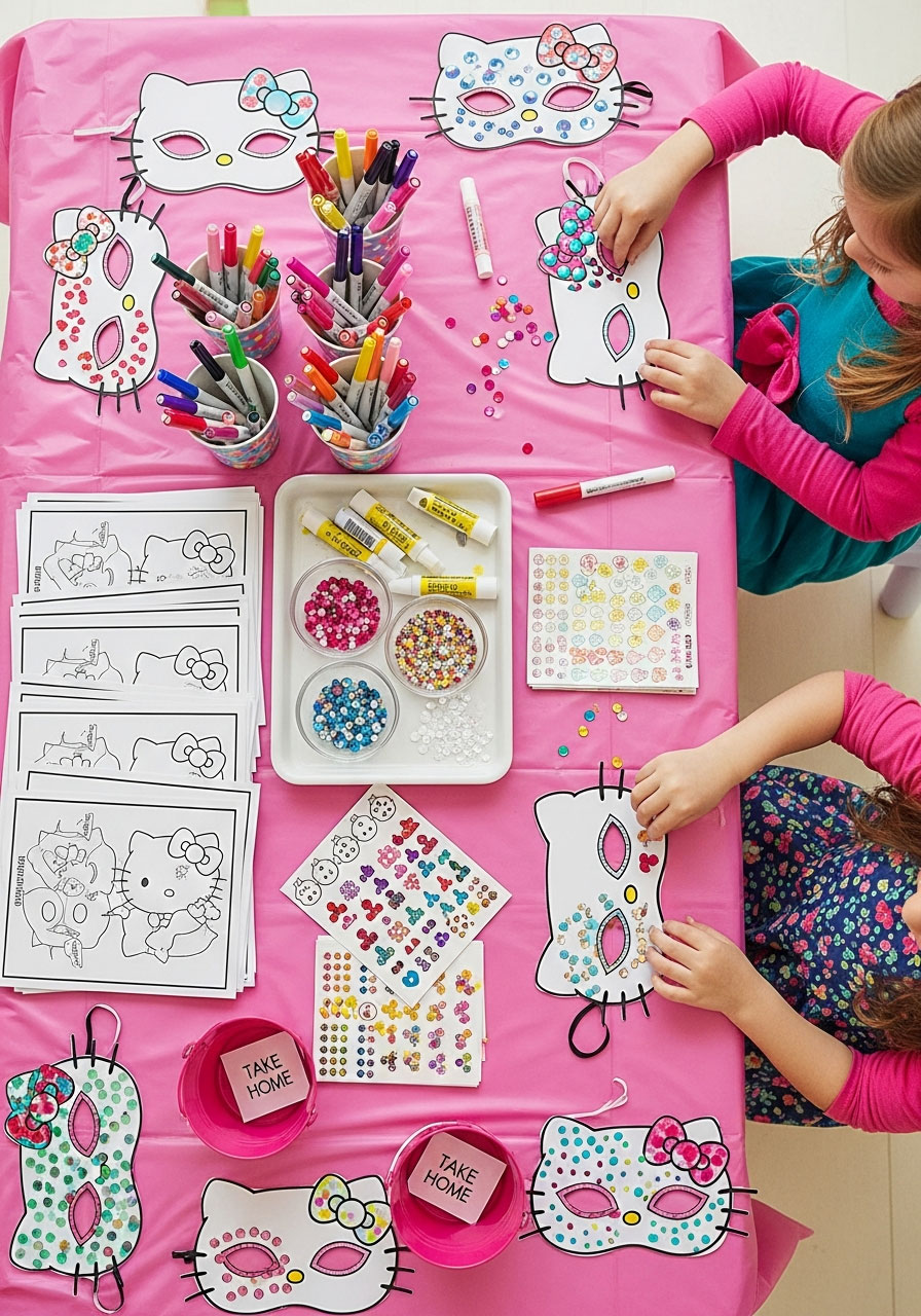 Hello Kitty craft activity station with mask templates, markers, gems, and stickers with children decorating masks at birthday party